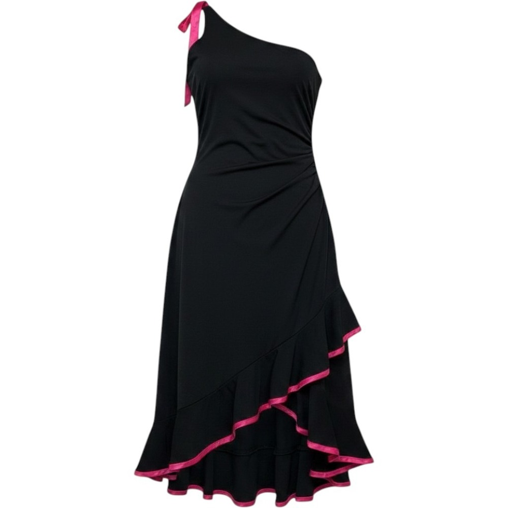 Vintage‎ My Michelle Dress M Black One Shoulder Pink Satin Tiered Ruffle Y2K 90s